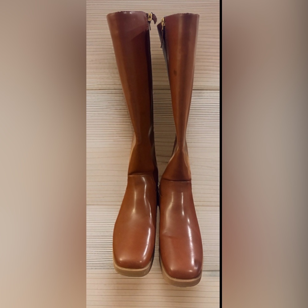 Aerosoles Tall Riding Boots Cognac Brown Sz 7.5 Wide, Block Heel, Side Zip, NWOT - Picture 3 of 7